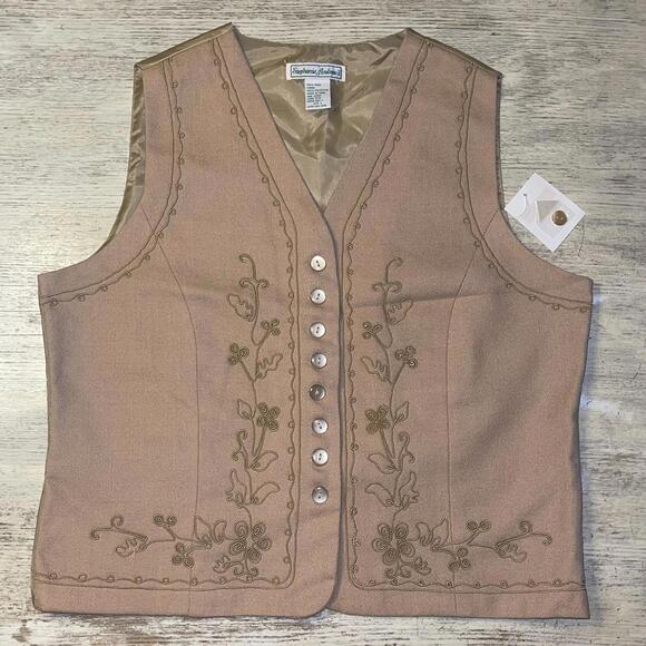 NWT Vintage 90s Stephanie Wool Tan Embroidered  Women’s Vest Size Large - Picture 1 of 7